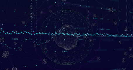 Image of financial data processing over network of connections and globe on black background