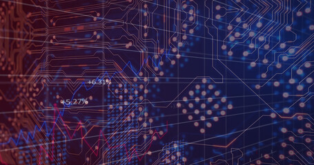Image of financial data processing over computer circuit board on black background