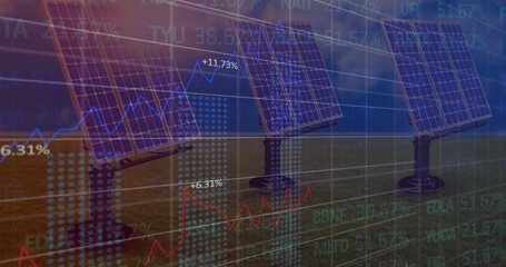 Image of financial data processing over solar panels
