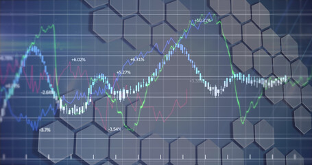 Image of financial data processing over shapes on blue background