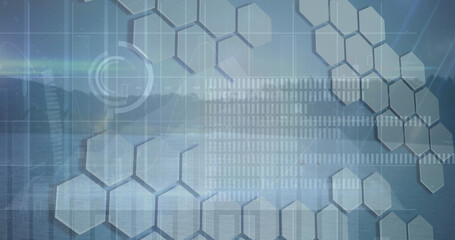 Image of financial data processing over shapes and landscape
