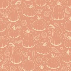 Beautiful pumpkin halloween thanksgiving seamless pattern, cute cartoon pumpkins hand drawn background, great for seasonal textile prints, holiday banners, backdrops or wallpapers - vector surface