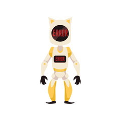 Yellow mascot robot character with cat ears gives error message flat style