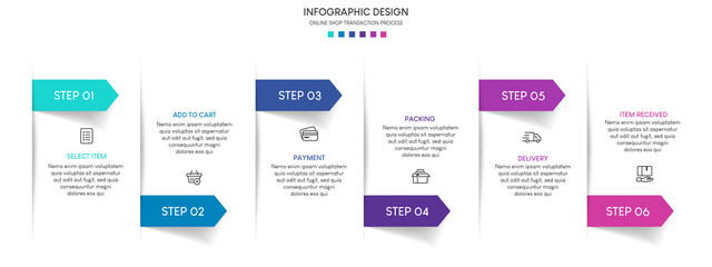 Process of online shopping with 6 steps. Steps business timeline process infographic template
