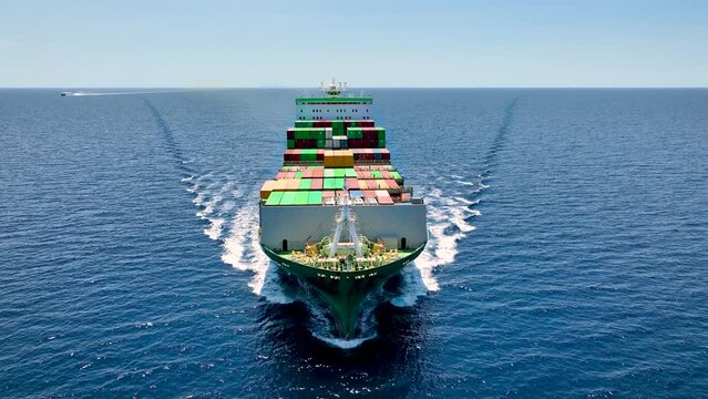 Front view of container cargo transport vessel traveling with speed over blue ocean