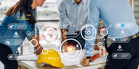 Professional of team architect industrial 4.0 engineer cargo foreman work new construction project architectural plan with technology smart network system icon construction Infographic at building 