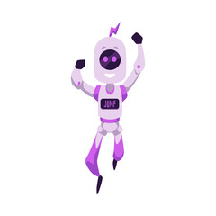 Happy smiling purple mascot robot doing jump command flat style