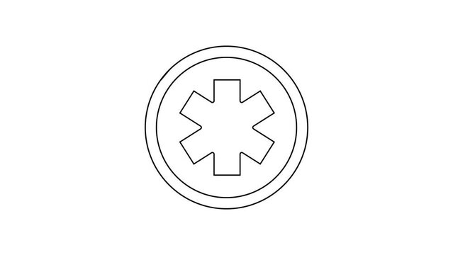 Black line Medical symbol of the Emergency - Star of Life icon isolated on white background. 4K Video motion graphic animation