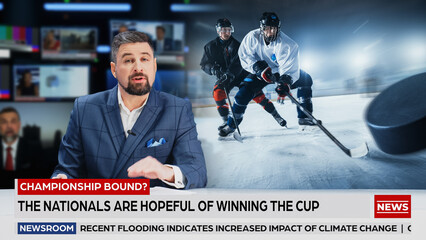 Split Screen TV News Live Report: Anchor Talks. Reportage Edit: Photo of Poster Appearing with Ice-Hockey Game Championship Match, Players Play. Television Program on Cable Channel Concept.