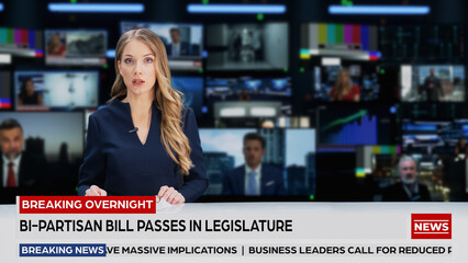 TV Live News Program with Professional Female Presenter Reporting. Television Cable Channel Anchorwoman Talks. Mockup of Network Broadcasting in Newsroom Studio Concept. Medium Shot.