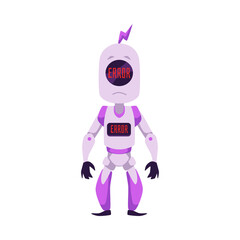 Sad purple standing mascot robot with error message on screen flat style