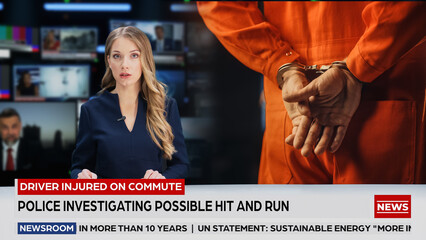 Split Screen TV News Live Report: Anchorwoman Talks. Reportage Edit with Photo of Handcuffed...
