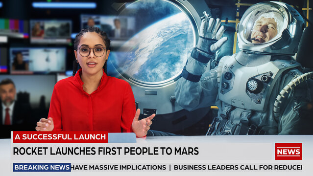 Split Screen TV News Live Report: Anchor Talks. Reportage Edit: Space Travel, Successful Rocket Launch with Astronaut, Control Room Celebrating. Television Program on Cable Channel Concept.