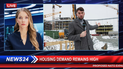 Split Screen TV News Live Report: Anchorwoman Talks. Reporter Doing Segment with Microphone...