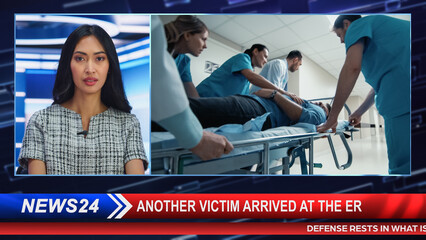 Breaking TV News Live Report. Split Screen Edit: Anchorwoman Talks. Ambulance Emergency Doctors, Paramedics Saving Victim. Television Program on Local Cable Channel Broadcast Concept.
