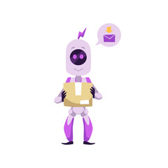 Purple mascot robot character holding cardboard box flat style