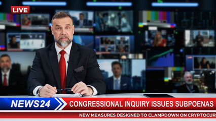 Daily News TV Program: Anchor Presenter Reporting About Politics, Economy, Important Events....