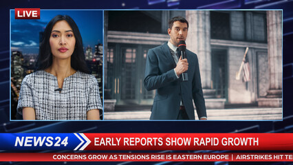Split Screen Montage TV News Live Report: Anchorwoman Talks with Correspondent Reporting Outside...