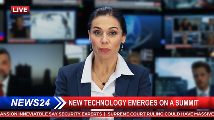 TV Live News Program with Professional Female Presenter Reporting. Television Cable Channel Anchorwoman Talks, Business, Economy, Entertainment. Mockup of Network Broadcasting in Newsroom Studio.