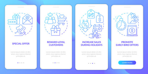 Discount policy blue gradient onboarding mobile app screen. Marketing walkthrough 4 steps graphic instructions with linear concepts. UI, UX, GUI template. Myriad Pro-Bold, Regular fonts used