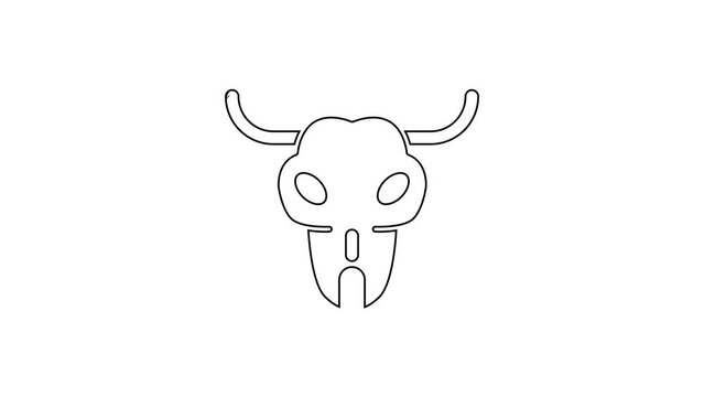 Black line Buffalo skull icon isolated on white background. 4K Video motion graphic animation