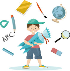 Little cute boy with school bag and school cone going to study.