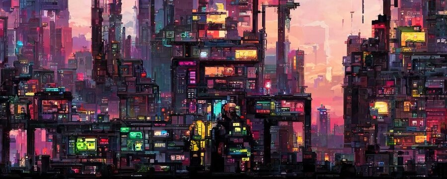 Cyberpunk city street. Sci-fi wallpaper. Futuristic city scene in a style  of pixel art. Urban scene. Generative AI. 22452074 Stock Photo at Vecteezy