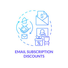Email subscription discounts blue gradient concept icon. Gaining leads through emails. Bonuses type abstract idea thin line illustration. Isolated outline drawing. Myriad Pro-Bold font used