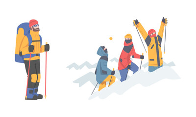 Mountain climbers trekking with sticks in winter season set. Mountaineers in winter outfit standing on top of snow mountain cartoon vector illustration