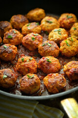 Closeup Meatballs and Tomato Sauce in Pan