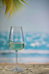 Closeup Summer White Wine Glass on Beach