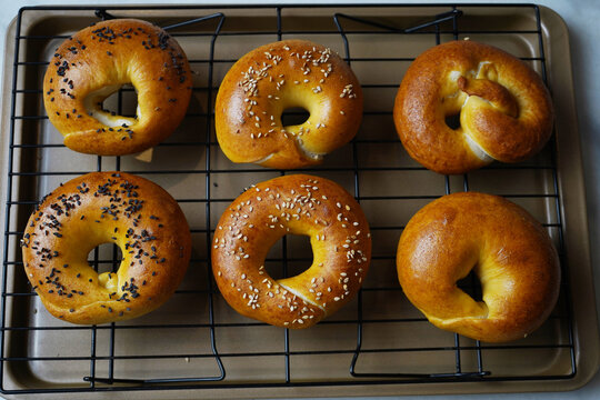 Homemade Sourdough Begals Bread Sesame Seeds on a cooling rack