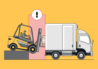 Loading dock hazard concept with overturned forklift and truck. Vector.