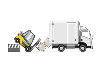 Loading dock hazard concept with overturned forklift and truck. Vector.