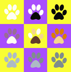 Fototapeta na wymiar Set of different dog or cat's paws. Cute cartoon characters. Hand drawn flat vector illustration isolated on purple and yellow background.
