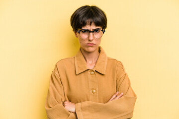 Young caucasian woman with a short hair cut isolated unhappy looking in camera with sarcastic expression.