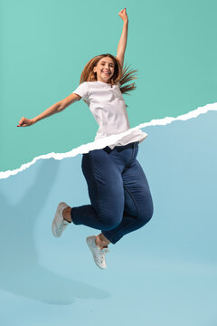 Creative art collage with young slim girl and plus-size woman wearing sport uniform isolated on blue-green background. Weight loss, fitness, healthy eating, motivation concept.