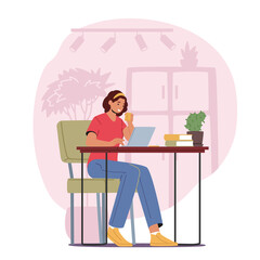 Relaxed Woman Freelancer Working on Laptop Sitting at Desk with Coffee Cup Thinking of Tasks. Freelance Employee