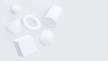white primitive geometry isolated on white background, cube, cylinder, cone, sphere empty space for text, background and wallpaper