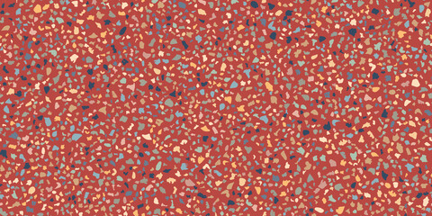 Marble tile with terrazzo flooring seamless pattern. Brick red classic paving composed of pieces of granite, quartz, glass and stone. Abstract wall background. Retro venetian stone material