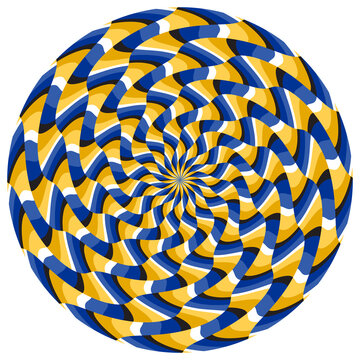 Optical illusion patterned circle of deformed colorful stripes. Round template for motion background design.