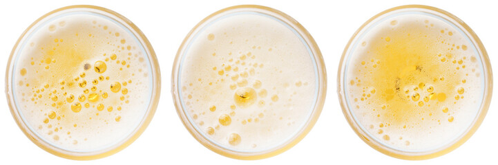 beer bubbles in Glass of light beer top view collection isolated on white, macro