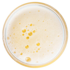 beer bubbles in Glass of light beer top view isolated on white, macro