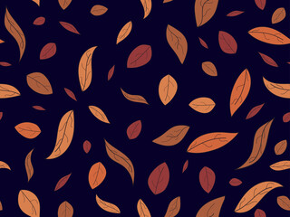 Autumn leaves seamless pattern. Brown and beige autumn leaves on black background. Falling leaves, leaf fall. Design for wrapping paper, fabric printing and promotional items. Vector illustration