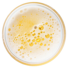 beer bubbles in Glass of light beer top view isolated on white, macro