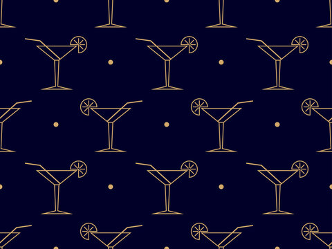 Art deco cocktail seamless pattern. Glass of martini with straws and orange slices of the 1920s - 1930s. Design of bar menus, advertising materials and invitations. Vector illustration