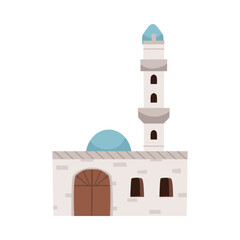 Traditional islamic Mosque building with tower, flat vector illustration isolated on white background.