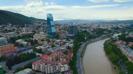 scenic drone shot view of Tbilisi and river Mtkvari, Georgia, Europe. High quality photo