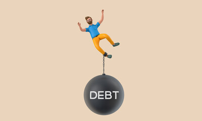 Business character chained to a large falling debt ball. 3D Rendering