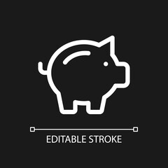 Piggy bank pixel perfect white linear ui icon for dark theme. Money savings. Penny bank. Finance. Vector line pictogram. Isolated user interface symbol for night mode. Editable stroke. Arial font used